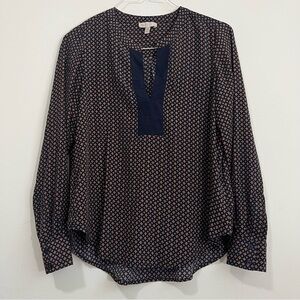 Lila Rose Brown Navy Geometric Blouse Top size M Long sleeve Lightweight Work